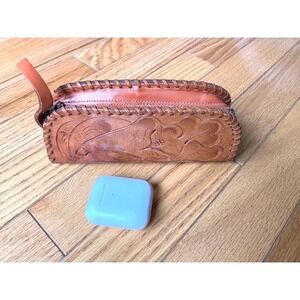 Vintage Hand Tooled Leather Stash Pouch Unisex Western Whipstitch w/Finger Strap